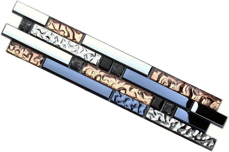 Hominter Metallic Glass Tile Rose Gold, Silver & Ink Blue Interlocking Linear Mosaic for Kitchen Backsplash, Bathroom Walls, Fireplace Surrounds & Accent Decor (3x12 Sample) - Image 1